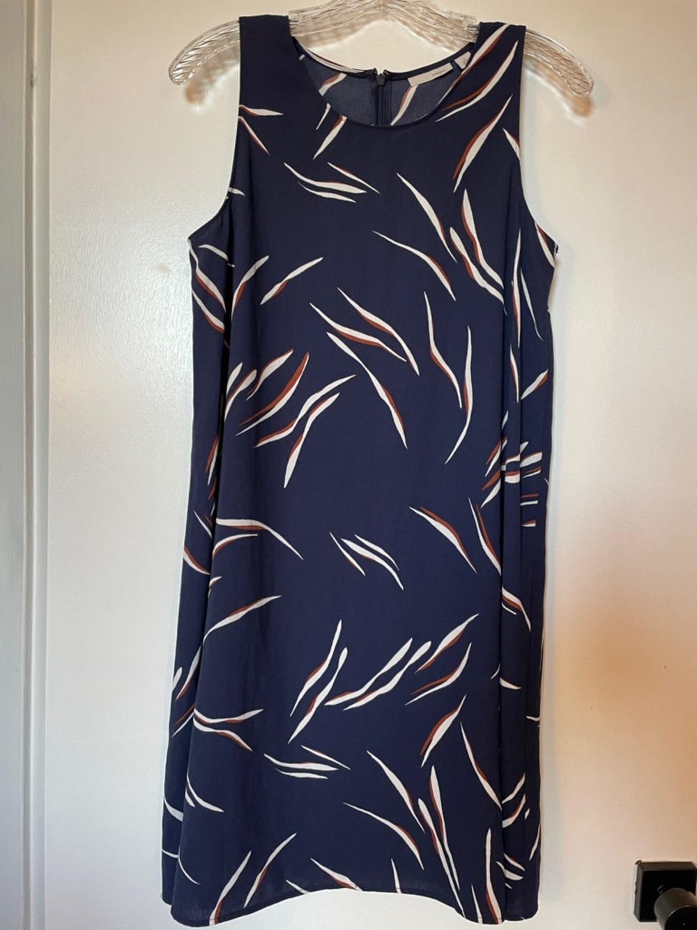 Halogen Navy Sleeveless Mini Dress with White and Brown Leaf Motif
